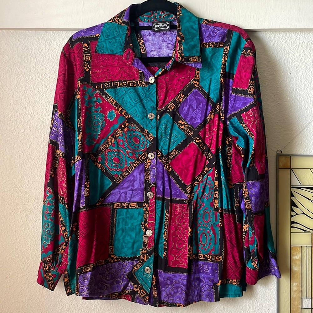 Vintage mixed media long sleeve button down blouse by Bonworth